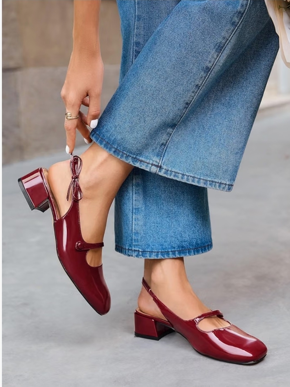 COUTGO Patent Slingback Mary Jane Heels in Burgundy